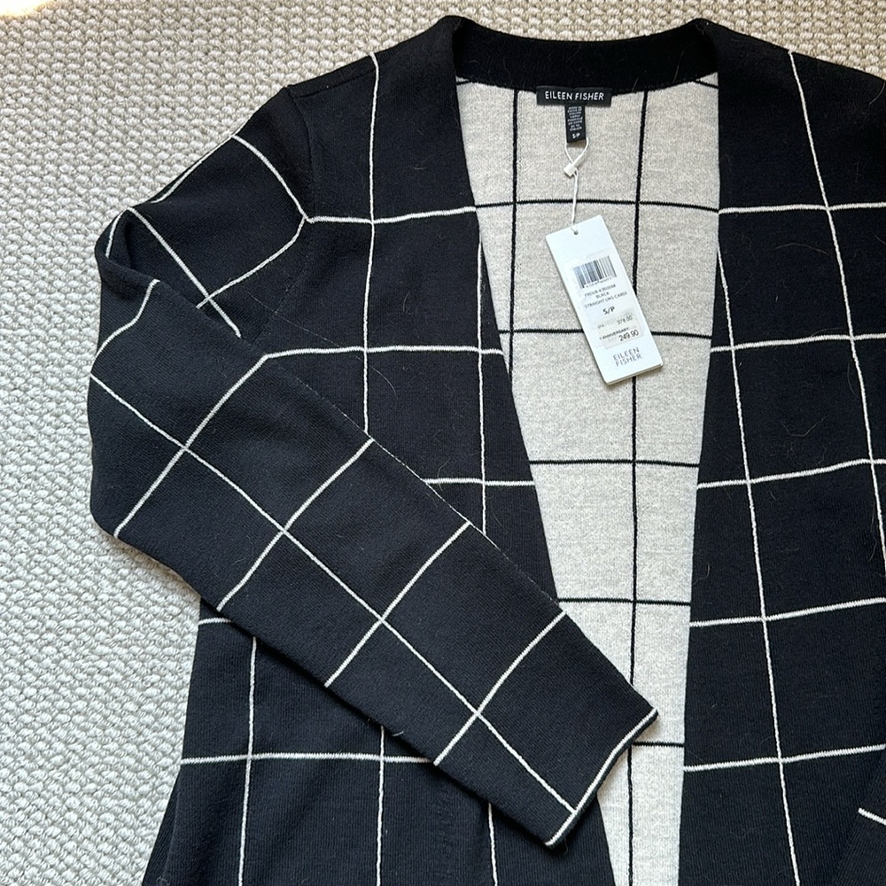 NWT Eileen Fisher straight long Black & White windowpane Cardigan - Picture 2 of 3